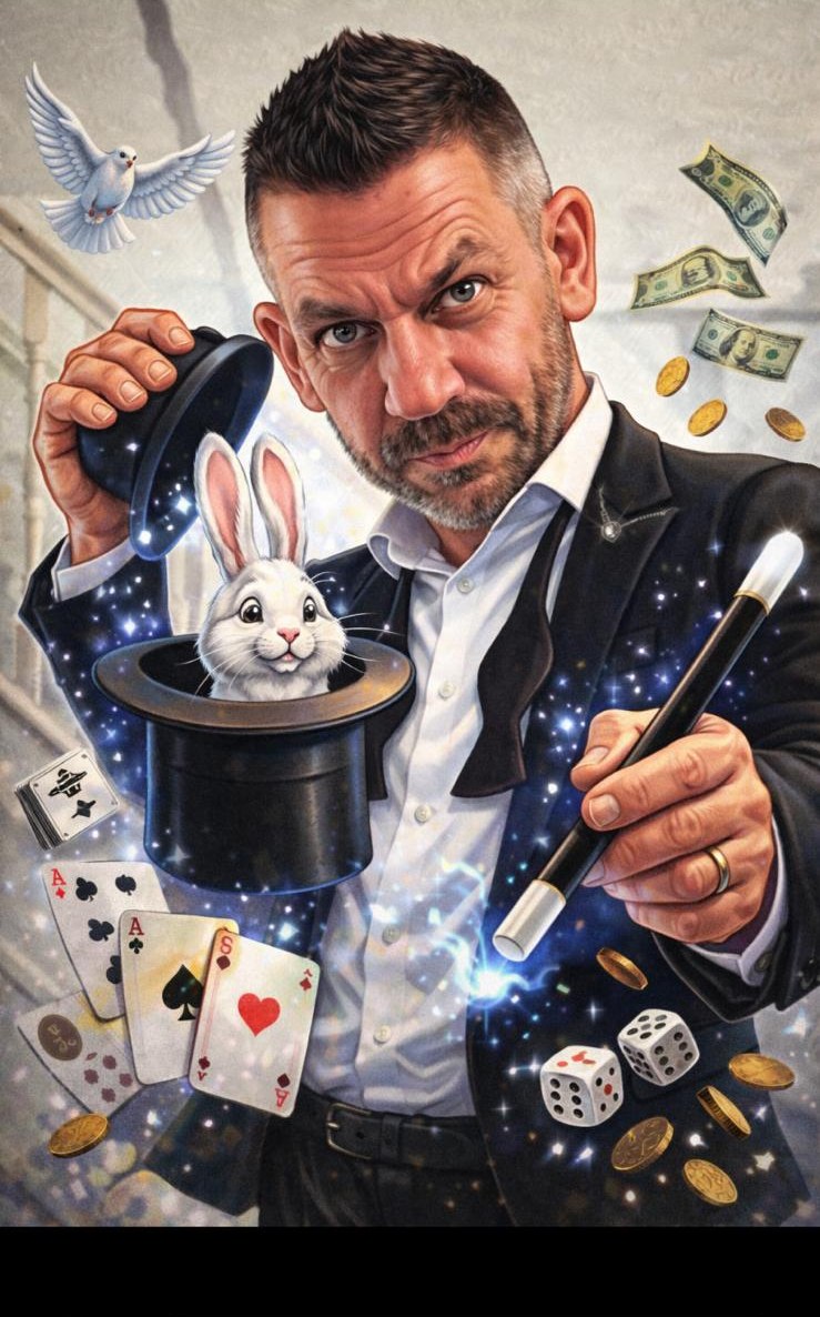 Tricky, cartoon portrait with a wand, cards and a rabbit in a top hat