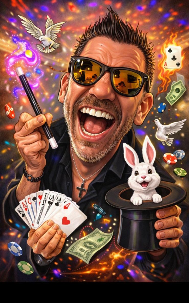 Cartoon portrait of Magic mid-trick, cards flying