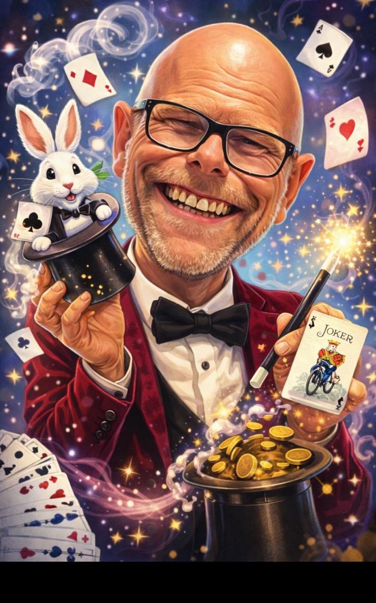 Magic, grinning cartoon portrait with a joker card and a rabbit in a top hat
